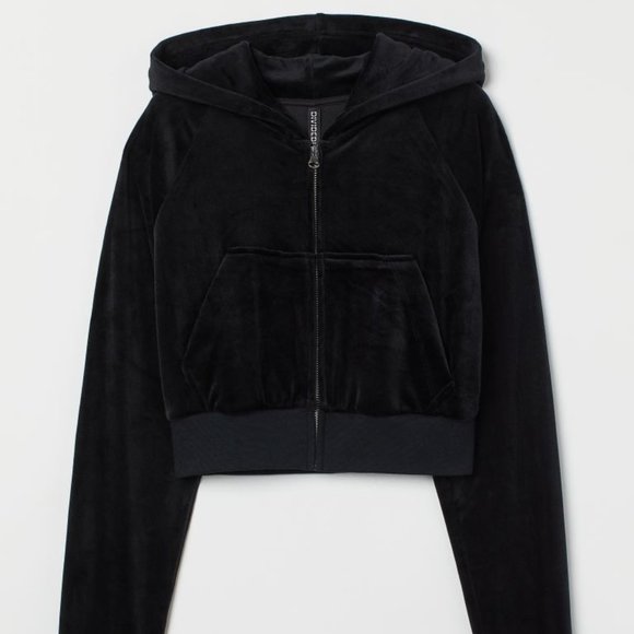 H&M Black Crop Velour Zip Hoodie | S - Picture 1 of 4